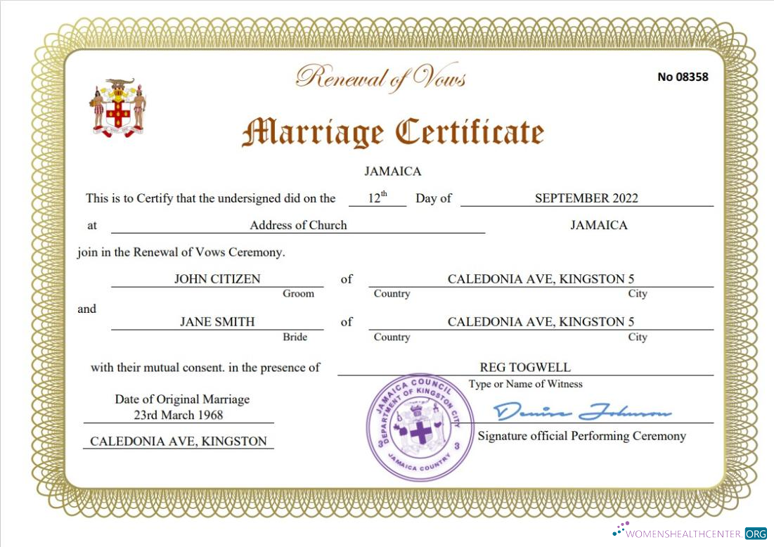 Download Jamaica marriage certificate Word and PDF template Photoshop template